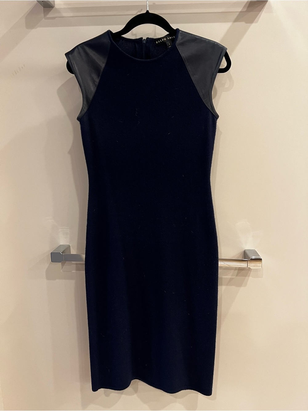 Ralph Lauren Navy Sheath Dress with Black Faux Leather Shoulders